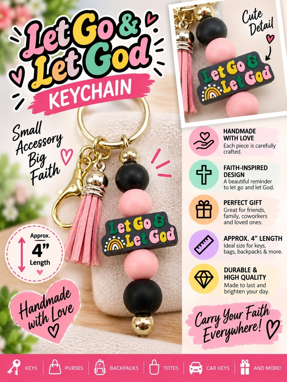 A81. Beaded Let Go & Let God Keychain Black & Pink NWT